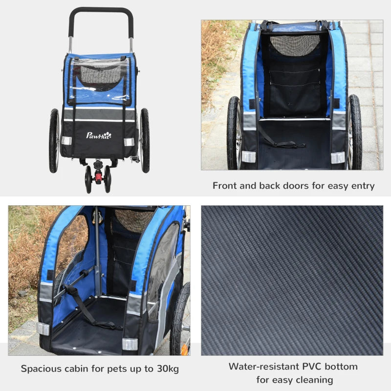 Blue Dog Bike Trailer Pet Cart Carrier Stroller with 360° Rotatable Wheel