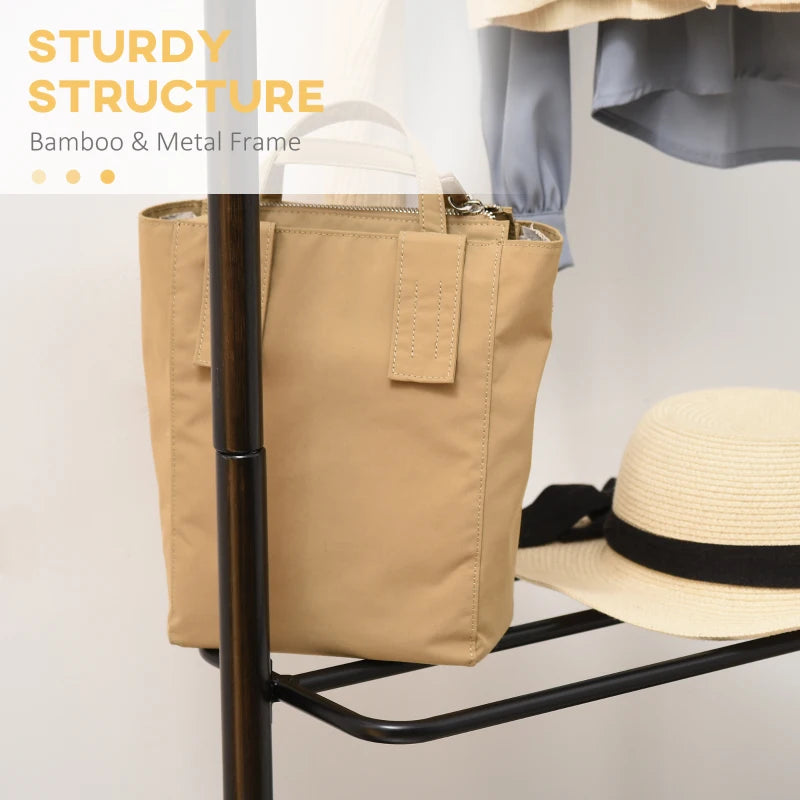 Dark Walnut Bamboo Coat Stand with Shelves and Fabric Storage Box