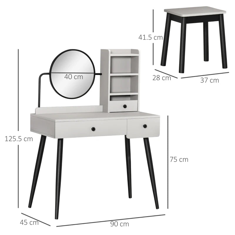 Grey Vanity Dressing Table Set with Mirror, Stool, 3 Drawers & Shelves