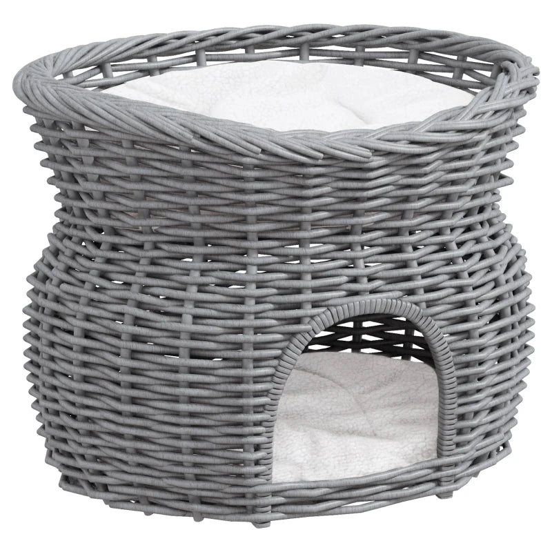 Grey Wicker 2-Tier Cat House Bed with Washable Cushions