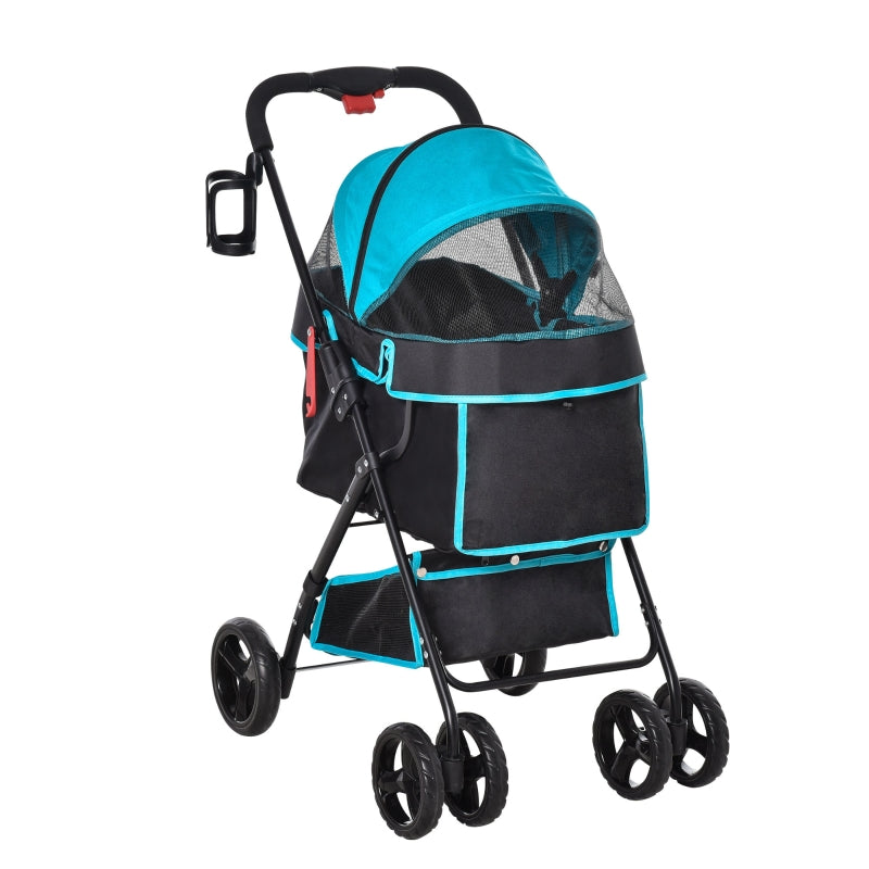 Foldable Pet Stroller with Adjustable Canopy - Blue