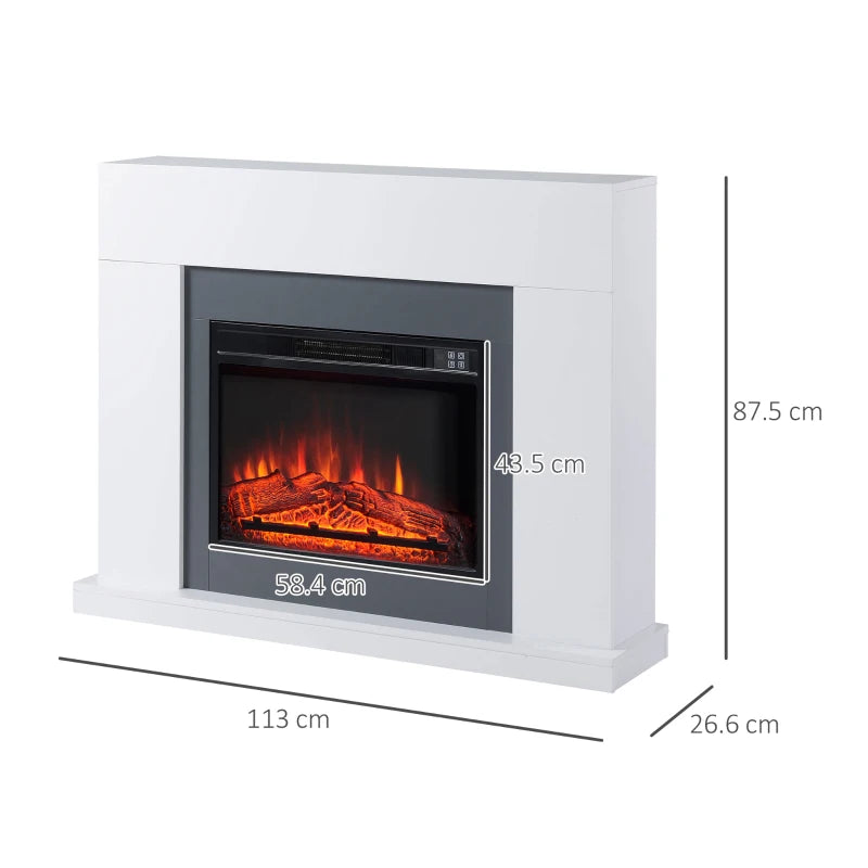 White Electric Fireplace Heater with Remote Control - 2000W, LED Flame Effect