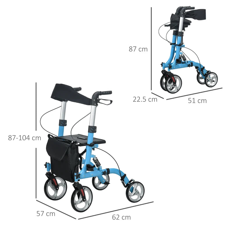 Blue Folding Rollator Walker with Seat and Large Wheels