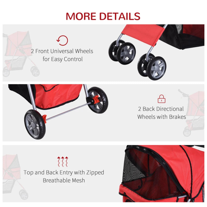 Red Pet Stroller for Small Pets - Foldable Travel Carriage with Wheels