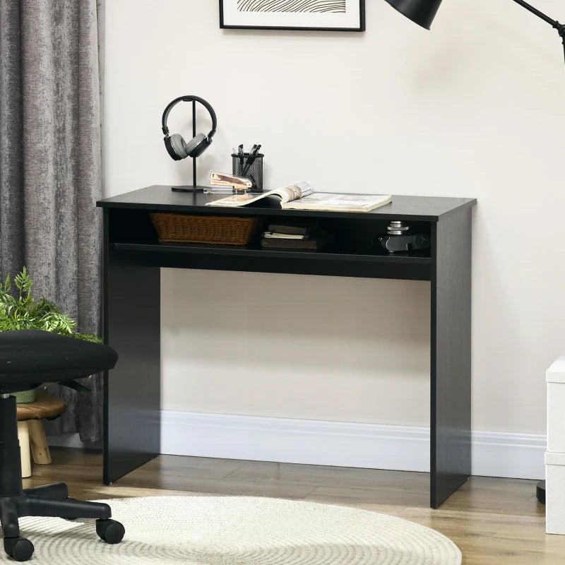 Black Wood Grain Small Home Office Desk with Storage Shelf, 90 x 50cm