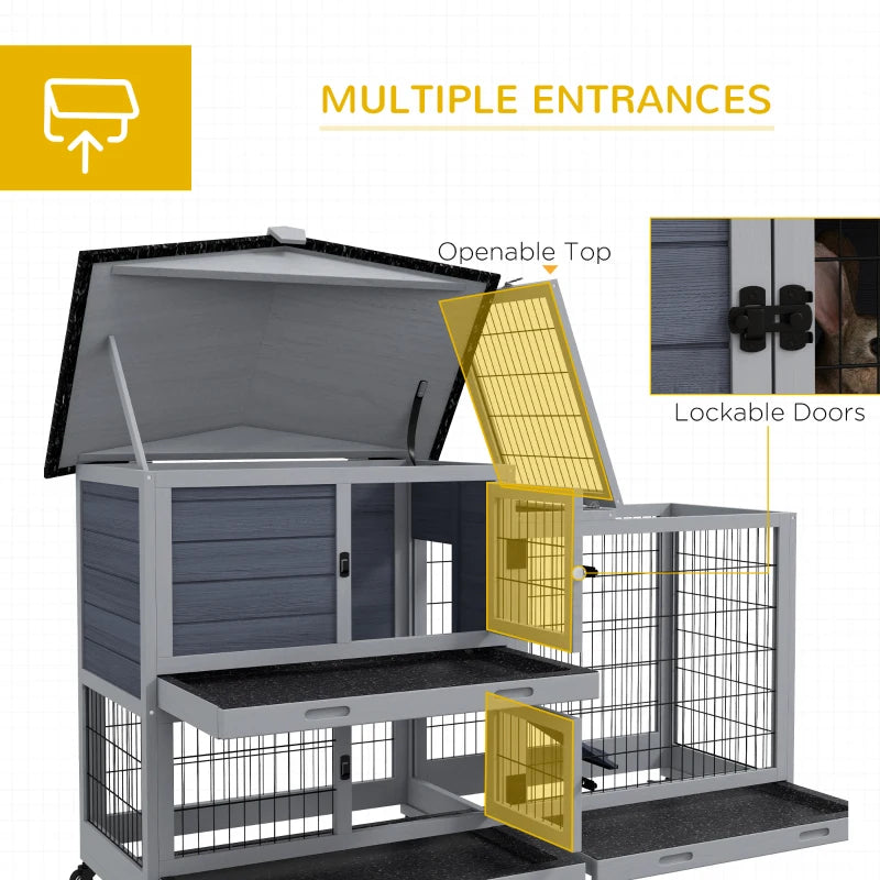 Grey Portable Rabbit Cage with Run, Wheels, Ramp - Indoor/Outdoor