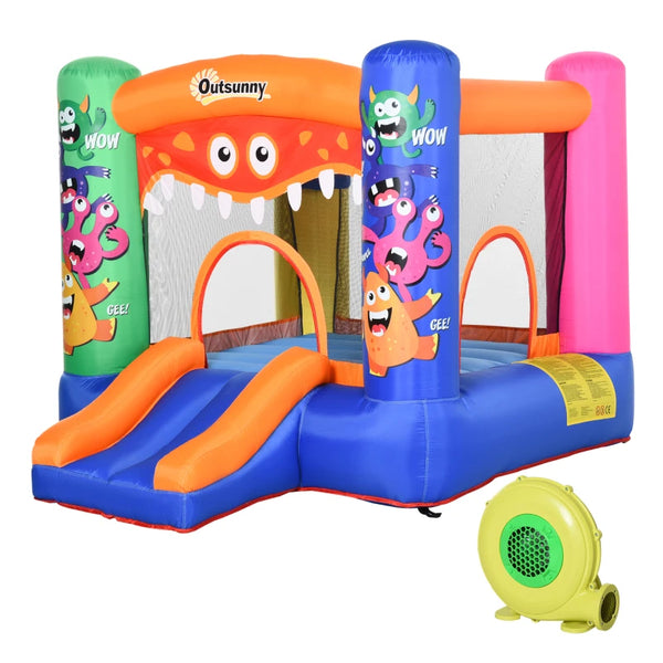 Monster Design Inflatable Bouncy Castle with Slide - Green/Blue - 180 x 250 x 175 CM