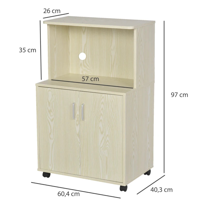 Oak Tone Kitchen Microwave Cart with Cabinet and Locking Wheels