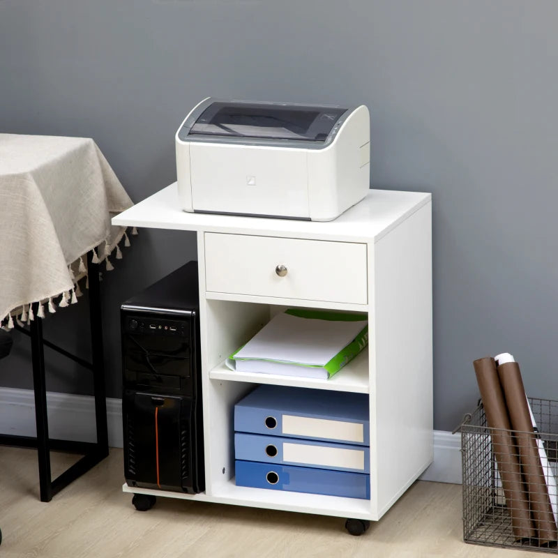 White Mobile Printer Stand with CPU Stand and Drawer