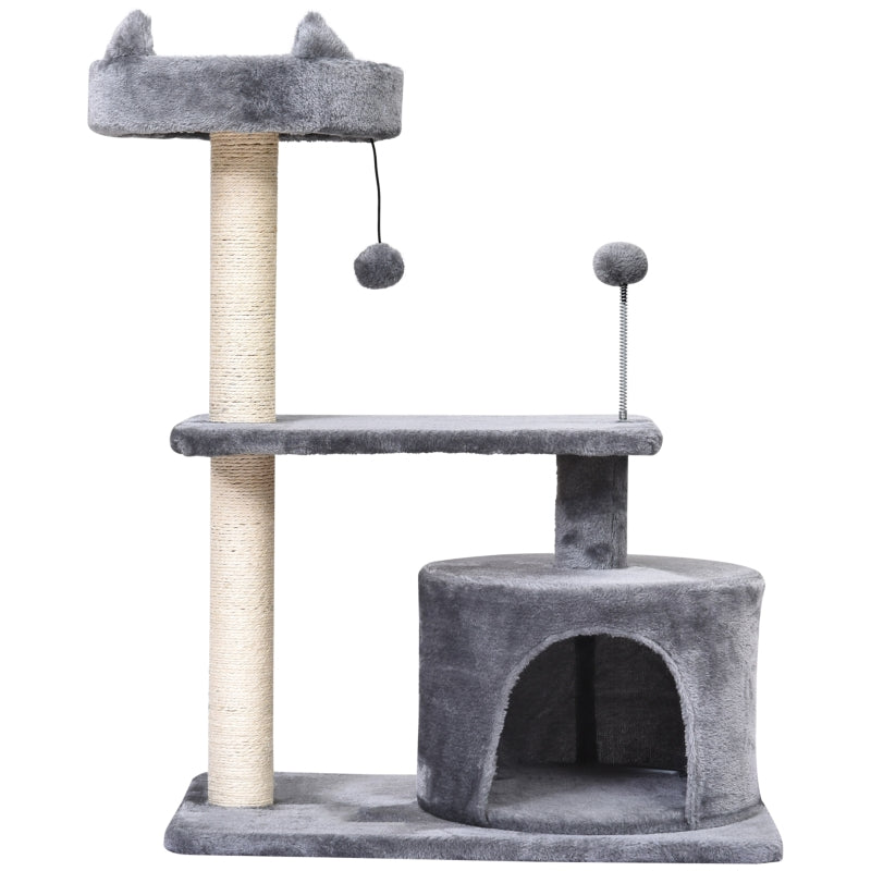 Grey Cat Tree Condo with Scratching Post and Perch, 60x40x81 cm