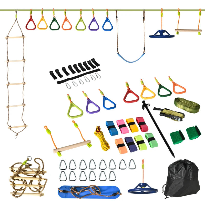 Kids 42.6 FT Obstacle Course Set with Monkey Bars and Swing - Blue