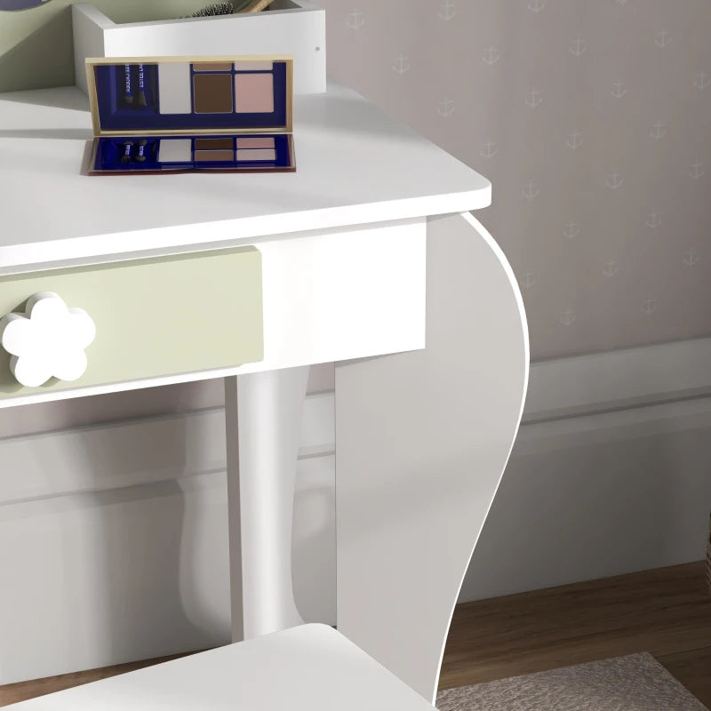 Kids White Vanity Table Set with Mirror, Stool, Drawer, and Flower Design