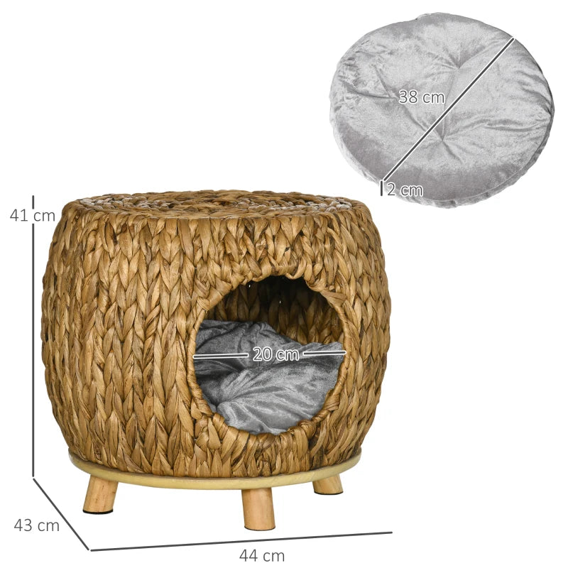 Rattan Cat Cave Stool with Washable Cushion - Indoor/Outdoor Kitten Bed (Grey)