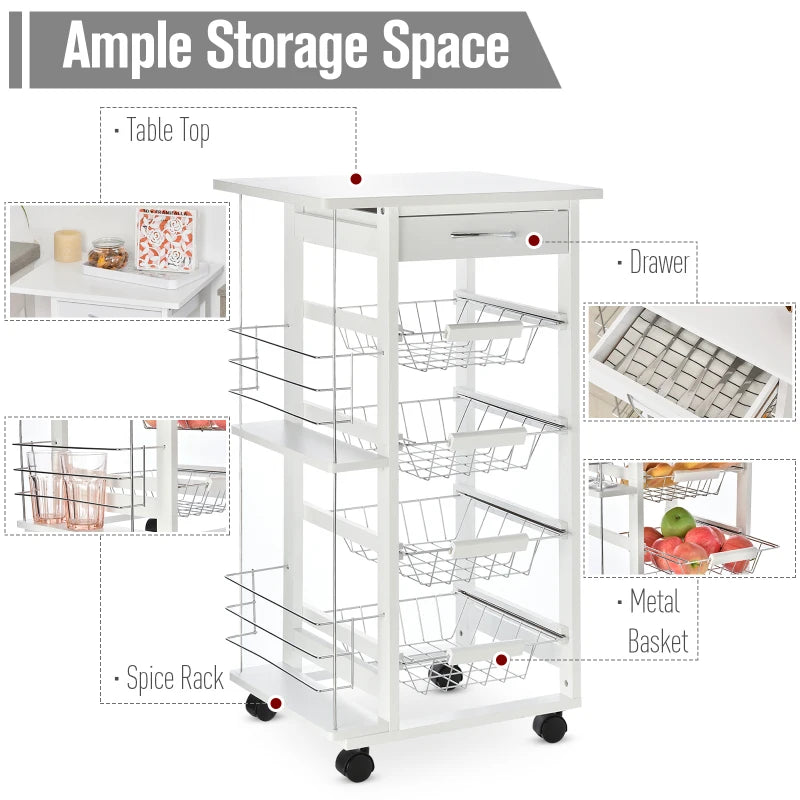 White Rolling Kitchen Cart with 4 Basket Drawers & Side Racks