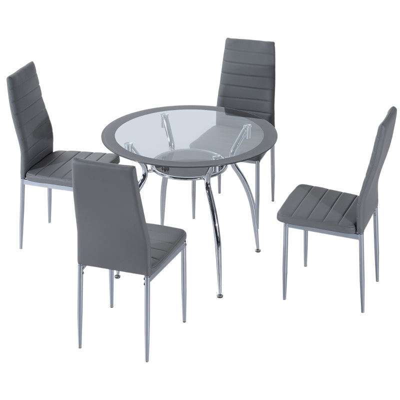 Grey 5-Piece Dining Set with Padded Chairs and Glass-Top Table