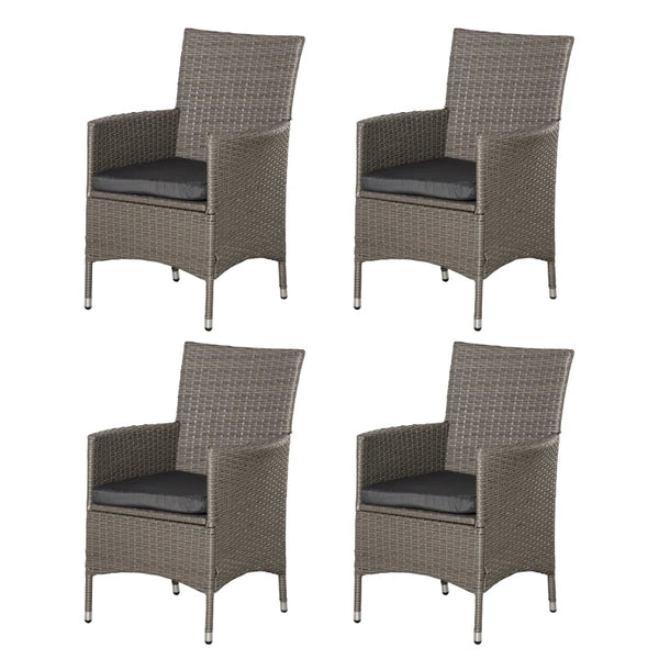 Grey Rattan Armchair Set with Cushions - Set of 4