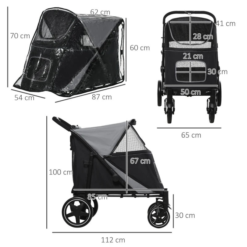 Black Pet Stroller with Rain Cover for Medium and Large Dogs