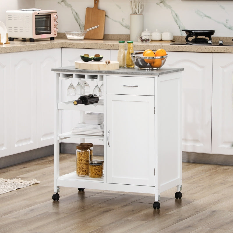 White Kitchen Trolley Cart with Wine Rack and Storage