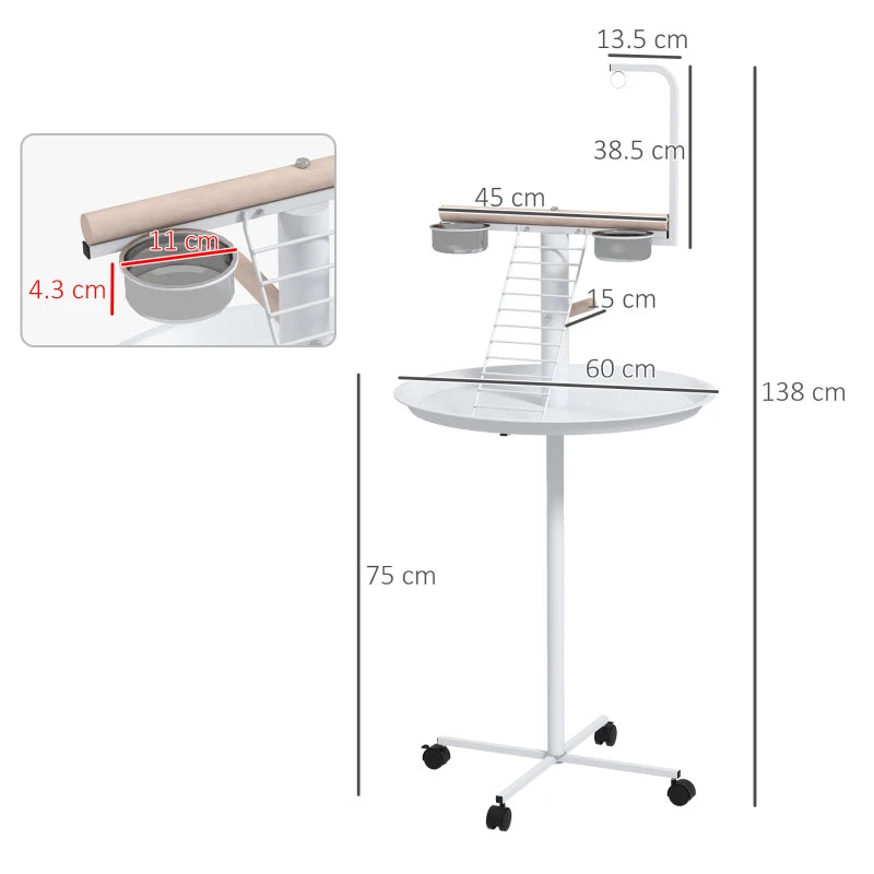 White Bird Stand with Wheels, Perches, Stainless Steel Bowls, Tray - Garden, Indoor, Outdoor