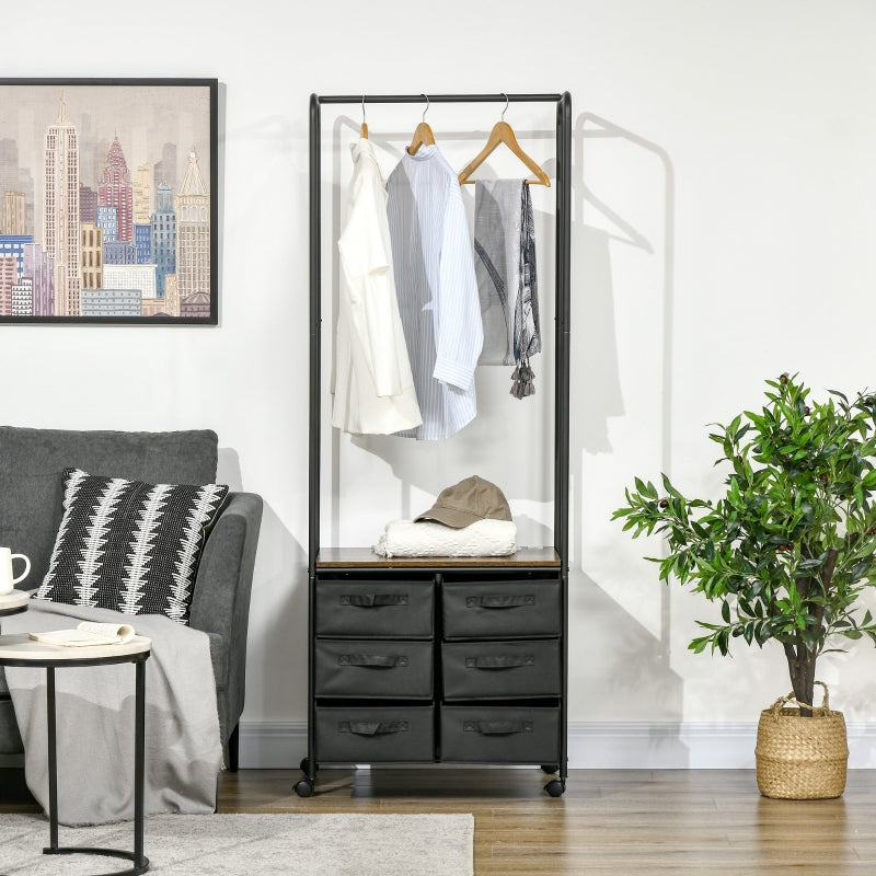 Rustic Brown Hanging Clothes Rail with 6 Fabric Drawers