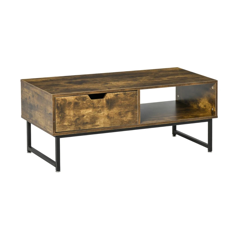 Rustic Brown Industrial Coffee Table with Storage Shelf and Drawer