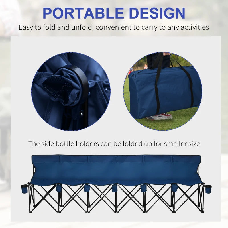 Blue 6-Seater Folding Outdoor Bench with Steel Frame and Cup Holder