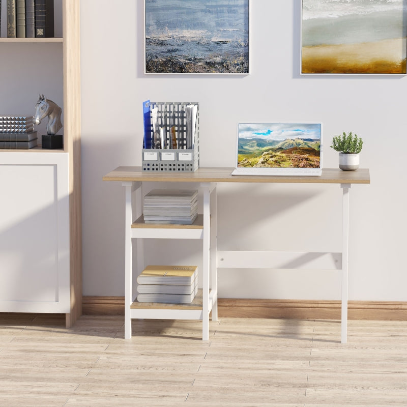 Compact White and Natural Computer Desk with Storage Shelves