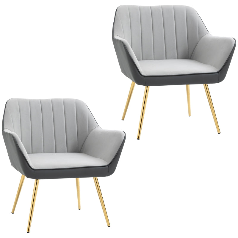 Light Grey Velvet Armchairs with Golden Steel Legs, Set of 2