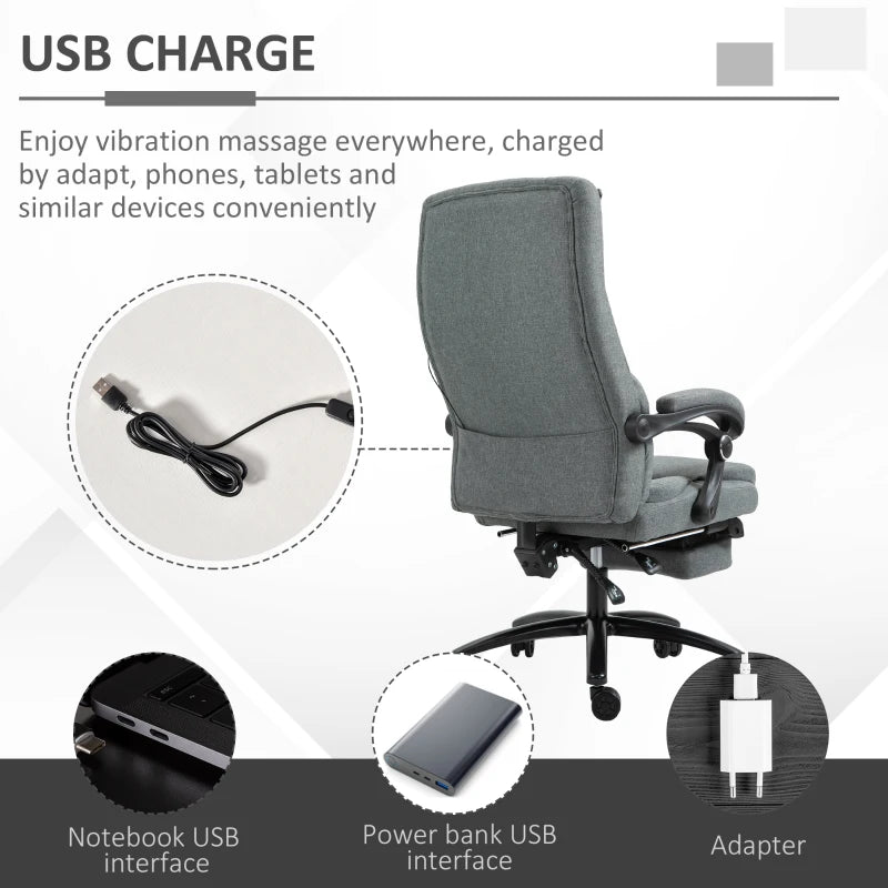 Grey Fabric Office Chair with Massage Pillow, USB Power, Footrest - High Back, 360° Swivel