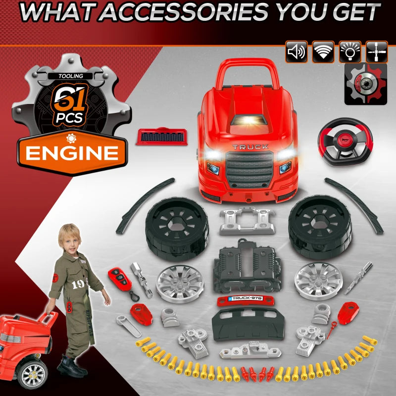 Red Kids Truck Engine Toy Set with RC Car Key