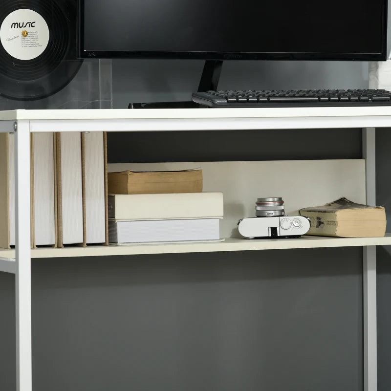 White Home Office Desk with Storage, 120 x 60cm, 2 Shelves, Steel Frame