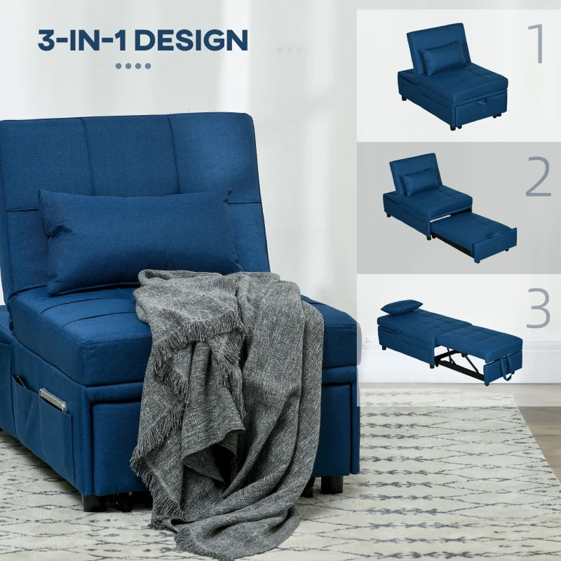 Blue Convertible Chair Bed with Adjustable Backrest and Side Pocket