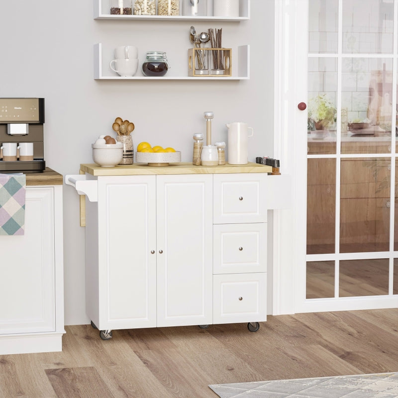 White Drop-Leaf Kitchen Island Cart with Drawers & Cabinet