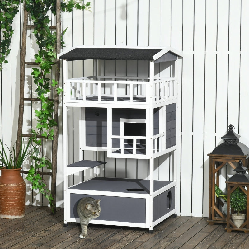 Grey Wooden 3-Tier Outdoor Cat House with Tilted Roof and Waterproof Paint