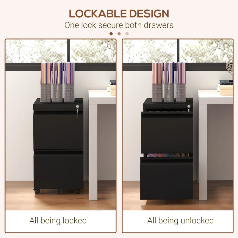 Black Steel 2-Drawer Mobile Filing Cabinet for Letter, A4, Legal Size