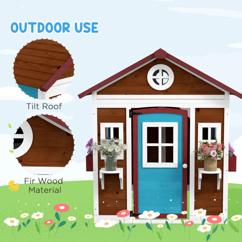 Kids Wooden Playhouse with Doors, Windows, Planters - Dark Brown