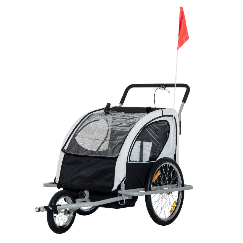 2-Seater Baby Bike Trailer with Pivot Wheel Hitch - Black & White