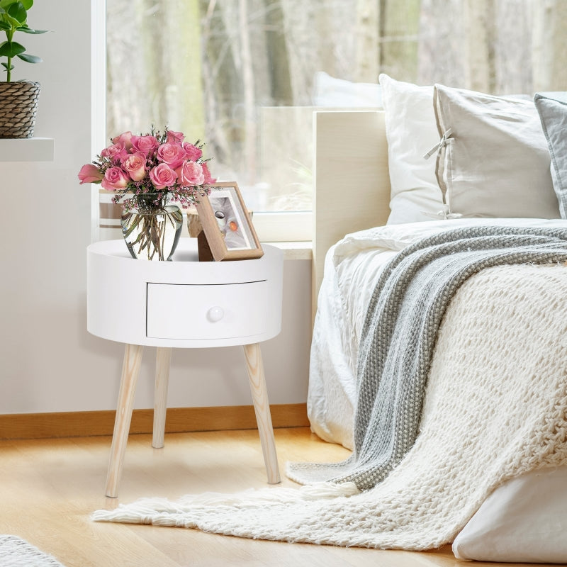 White Round Side Table with Drawer and Wood Legs