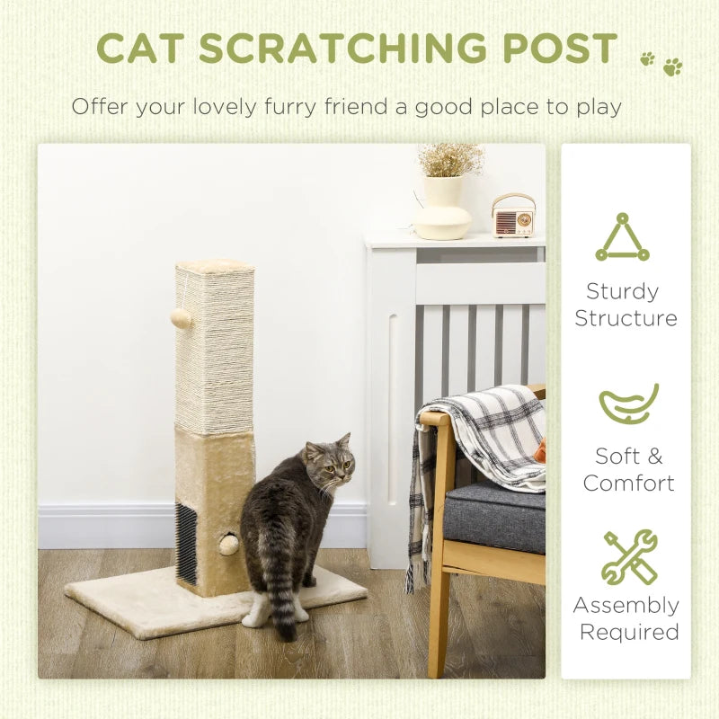 Beige Jute Cat Scratching Post with Hanging Toy