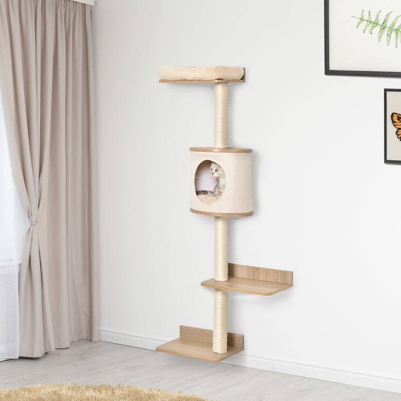 Beige Wall-Mounted Cat Tree with House, Bed, Scratching Post