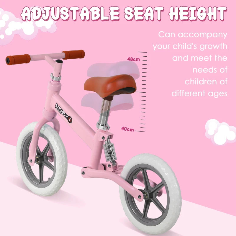 12" Pink Kids Balance Bike - No Pedal Bicycle with Adjustable Seat and Shock Absorber