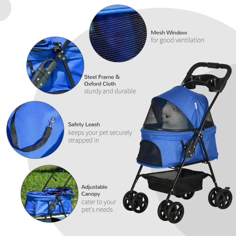 Blue Pet Stroller with Canopy and Storage - Foldable Dog Cat Pushchair