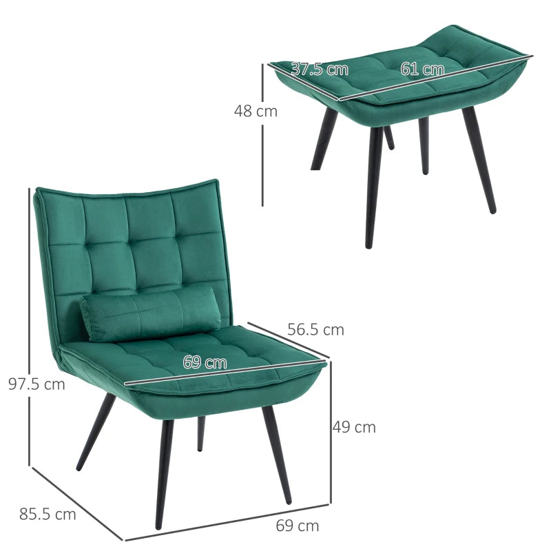 Green Upholstered Accent Chair Set with Footstool - Modern Armless Design