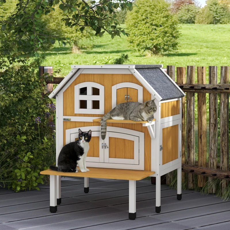 Wooden 2-Tier Outdoor Cat Shelter with Asphalt Roof - Grey