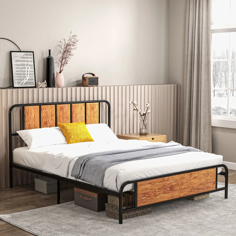 Rustic Brown King Bed Frame with Industrial Wood Headboard and Underbed Storage