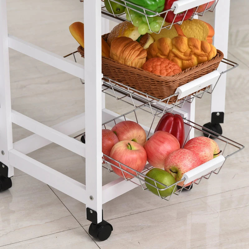 White Oak Drop-Leaf Kitchen Cart Trolley with Baskets and Drawer