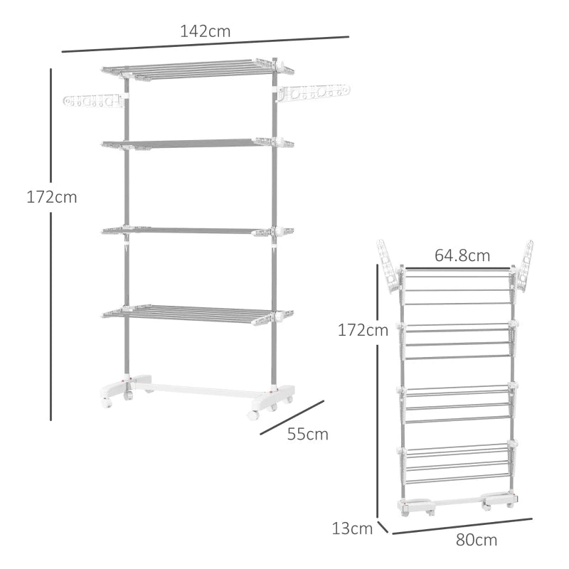 White 4-Shelf Folding Clothes Drying Rack with Side Arms and Wheels