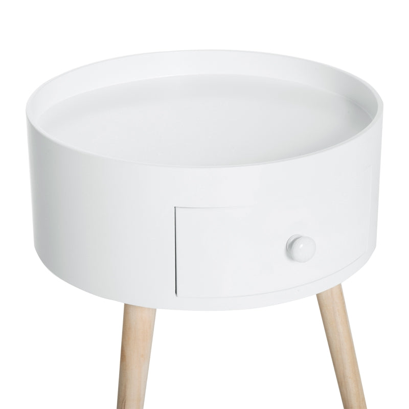 White Round Side Table with Drawer and Wood Legs