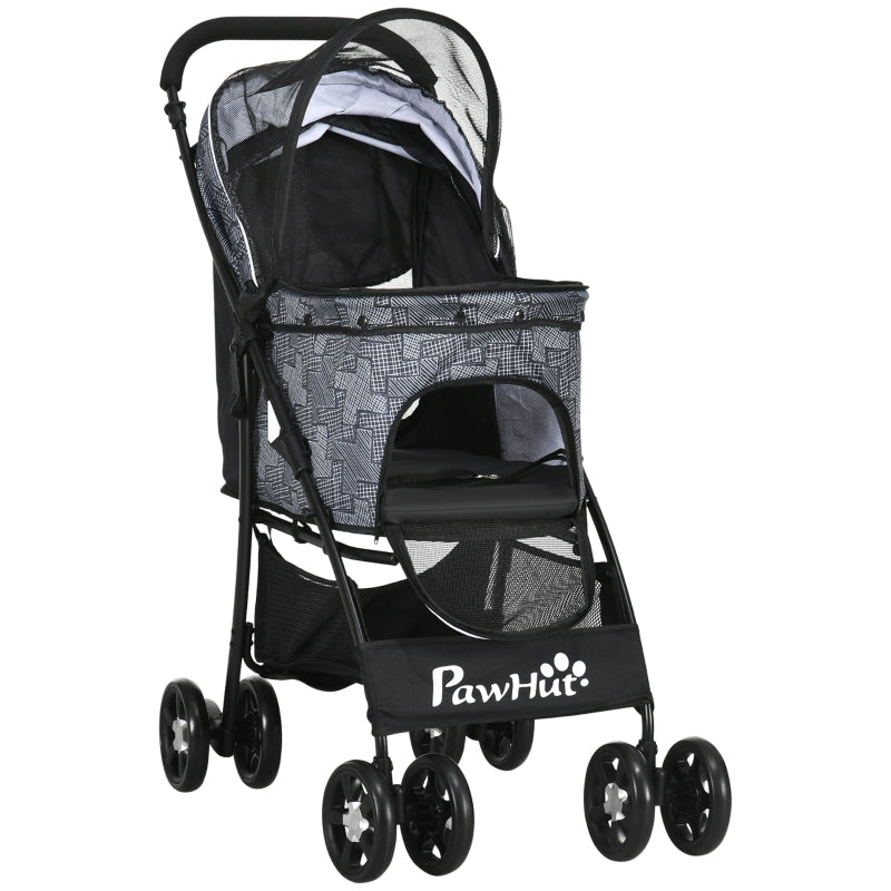 Grey Pet Stroller with Large Carriage and Storage Bag