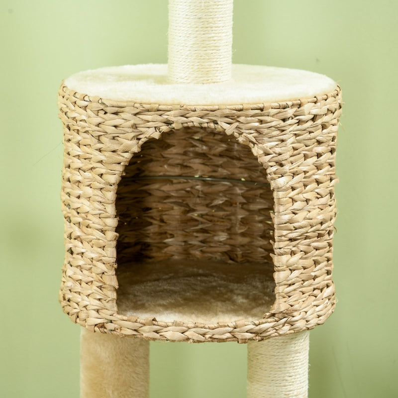 Beige Cat Tree Tower with Scratching Post, House, Bed, Toy Ball, Platform